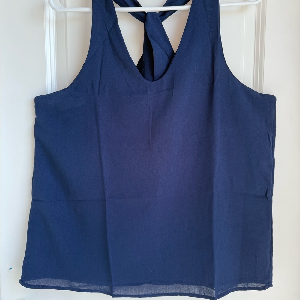 Navy Blue Cross Strap Cotton Tank Top, Sz XL